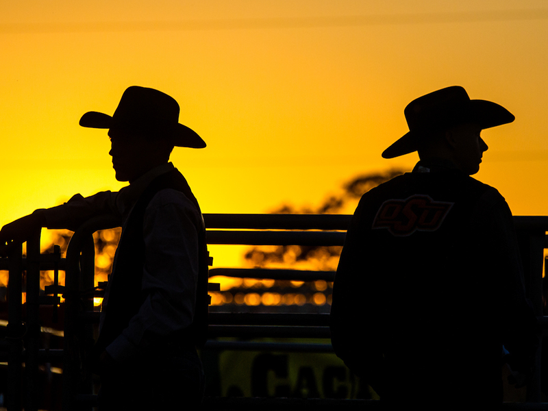Silhouette of two cowboys during sunset.