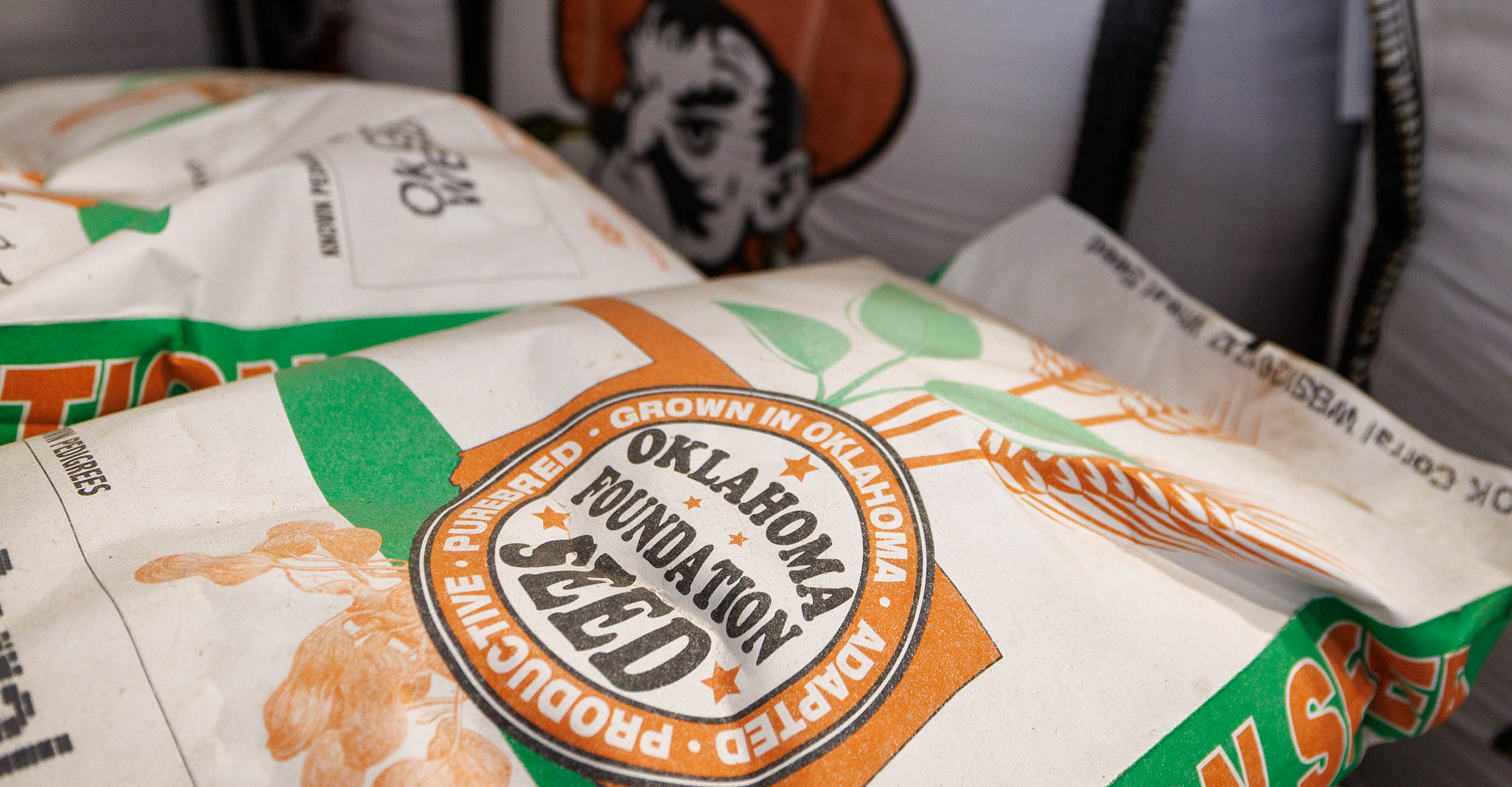 A bag of seed at the Oklahoma Foundation Seed Stocks