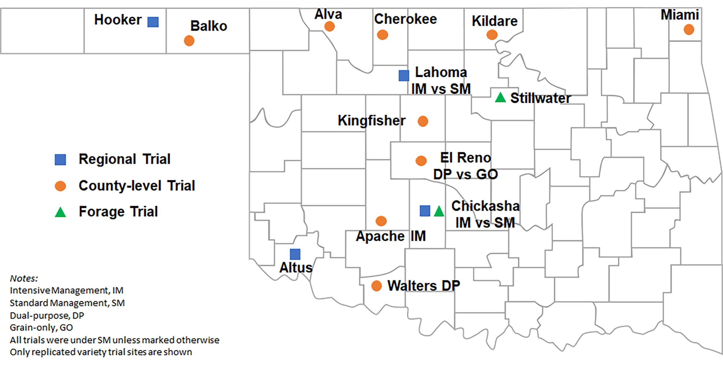 A map of Oklahoma sectioned by county to show the regional trial, county-level trial and forage trial counties used for the 2023-2024 Oklahoma Wheat Variety Performance Trials.