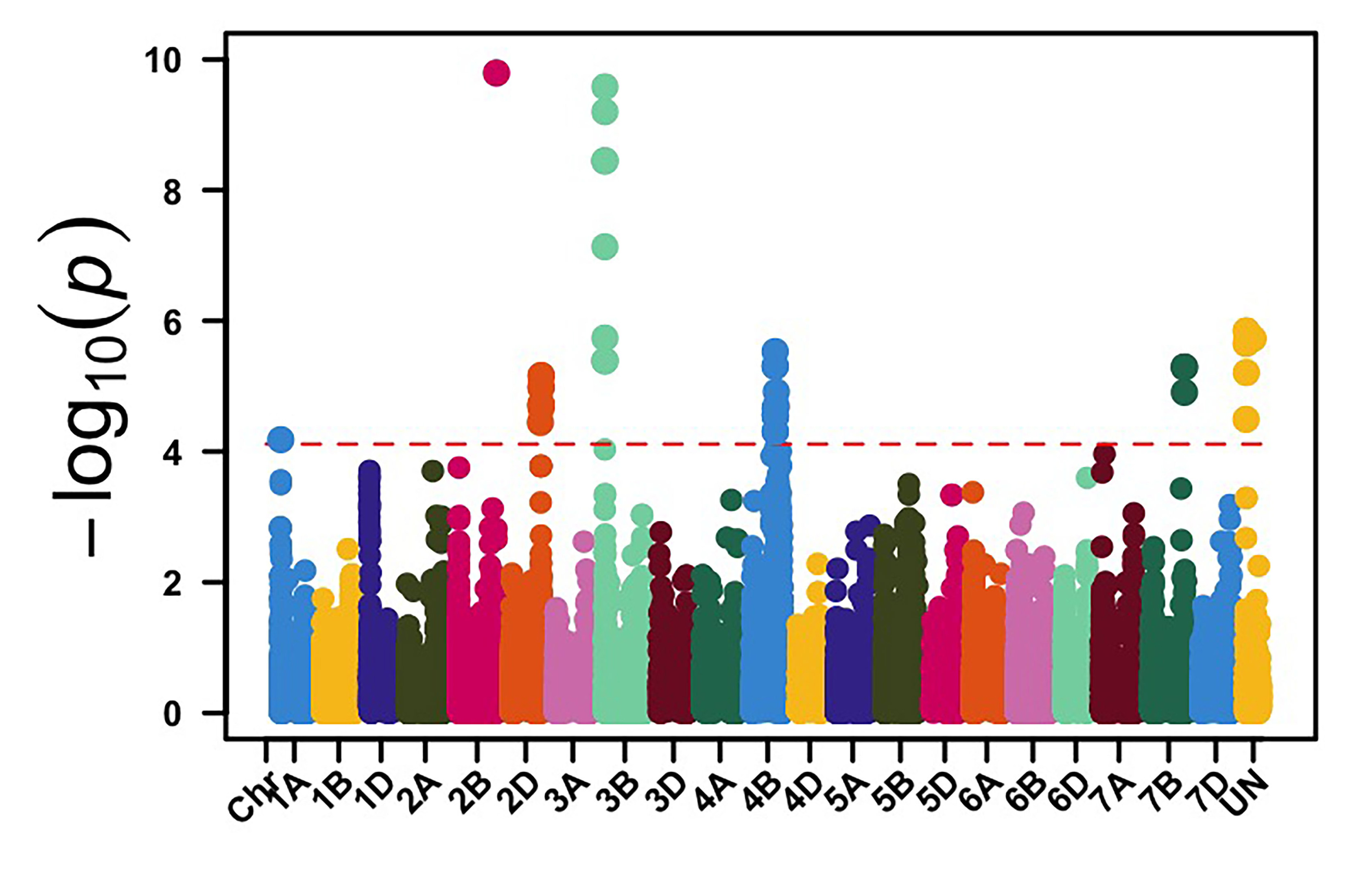 Genome-wide association mapping identified genomic regions on chromosome arms 3BS and 4BL associated with stripe rust data for Rossville, KS.